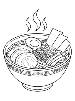 Steaming ramen coloring page with noodles, sliced pork, a boiled egg, and seaweed sheets.