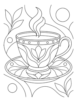 Detailed tea cup coloring page showing a steaming decorated cup on an ornate saucer.