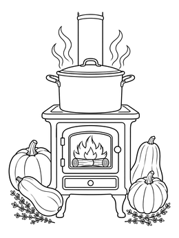 A cozy pumpkin soup coloring page with a pot on a stove surrounded by squash.