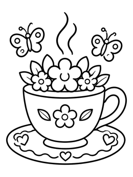 Free printable Steaming Tea Cup With Flowers And Butterflies coloring page