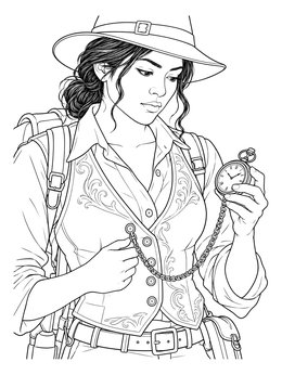 A detailed steampunk coloring page showing an adventurer checking her pocket watch.
