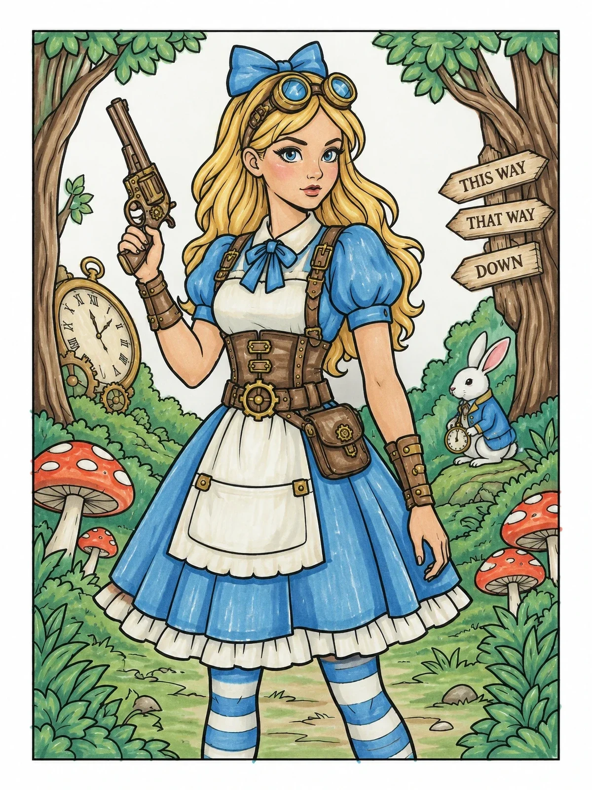 Colored example of the Steampunk Alice In Wonderland With Revolver coloring page