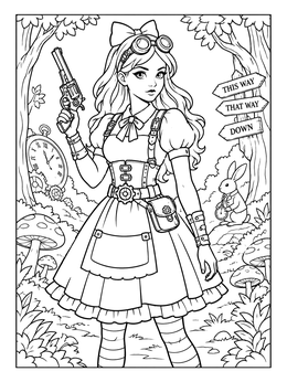 Free printable Steampunk Alice In Wonderland With Revolver coloring page