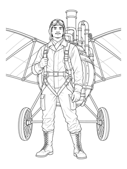 An aviator in flight gear in front of a vintage aircraft on this punk coloring page.