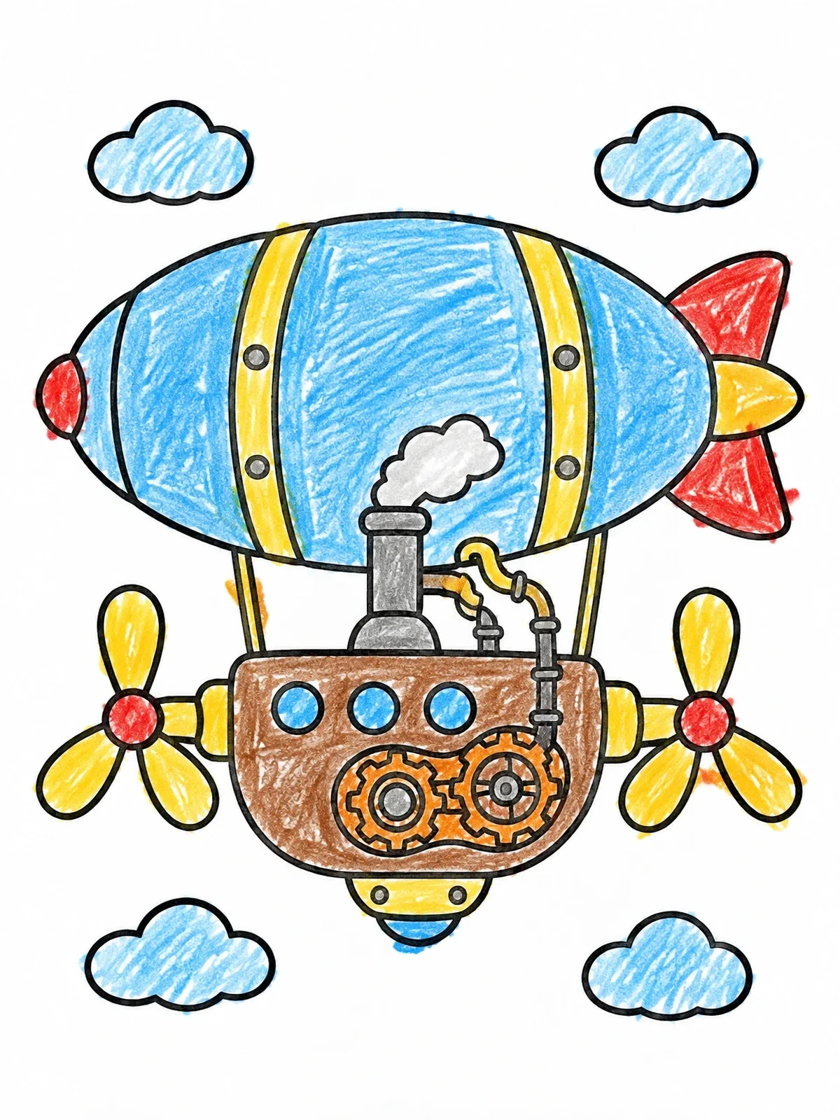 Colored example of the Steampunk Dirigible Airship In Flight coloring page
