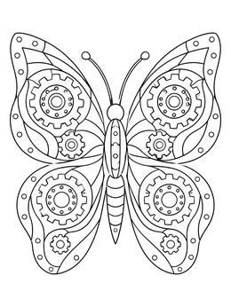 Intricate steampunk gears coloring page showing a mechanical butterfly with cog patterns.