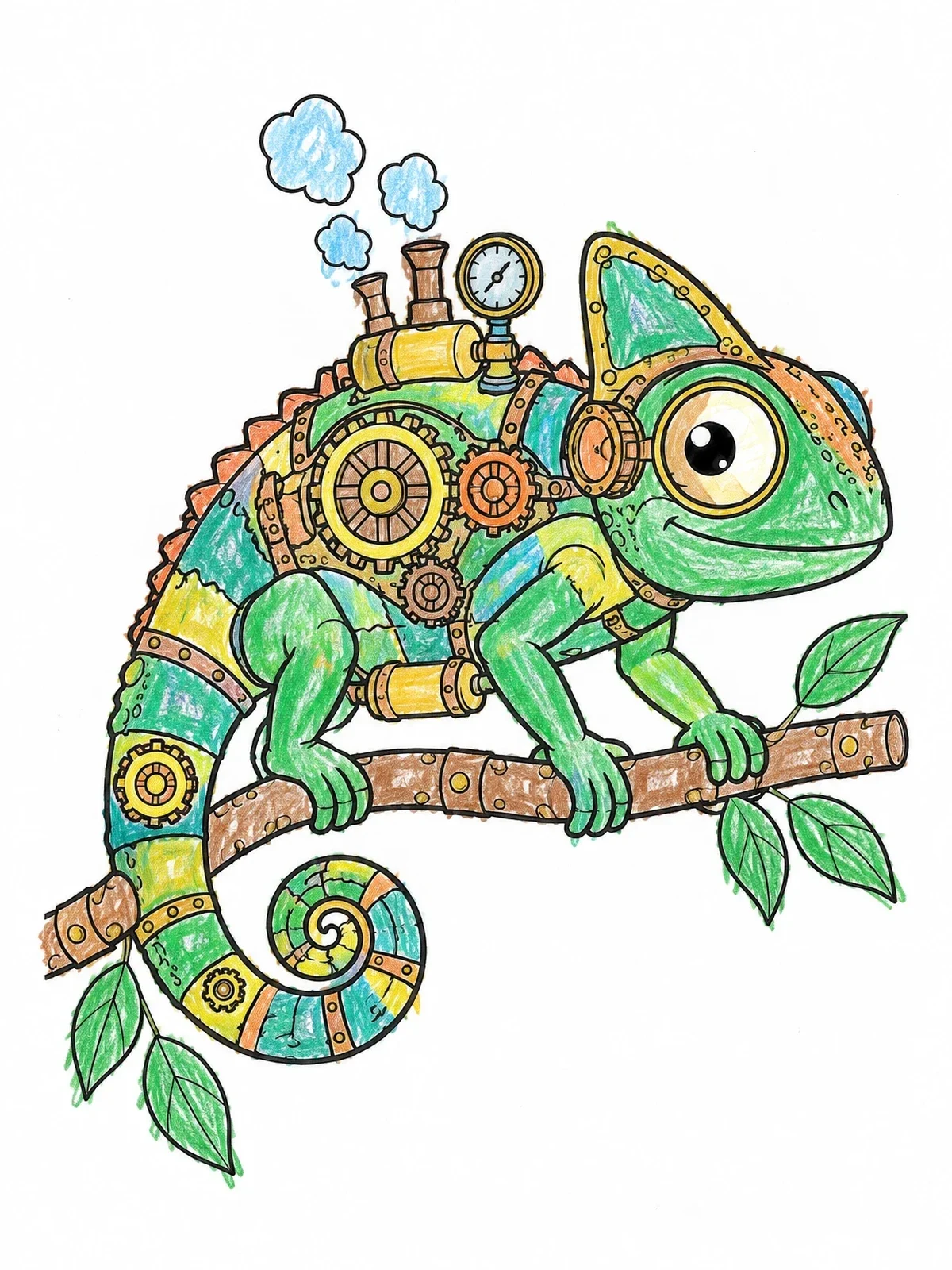 Colored example of the Steampunk Chameleon On Branch coloring page
