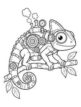 Mechanical steampunk chameleon coloring page perched on a metal branch with gears and steam.