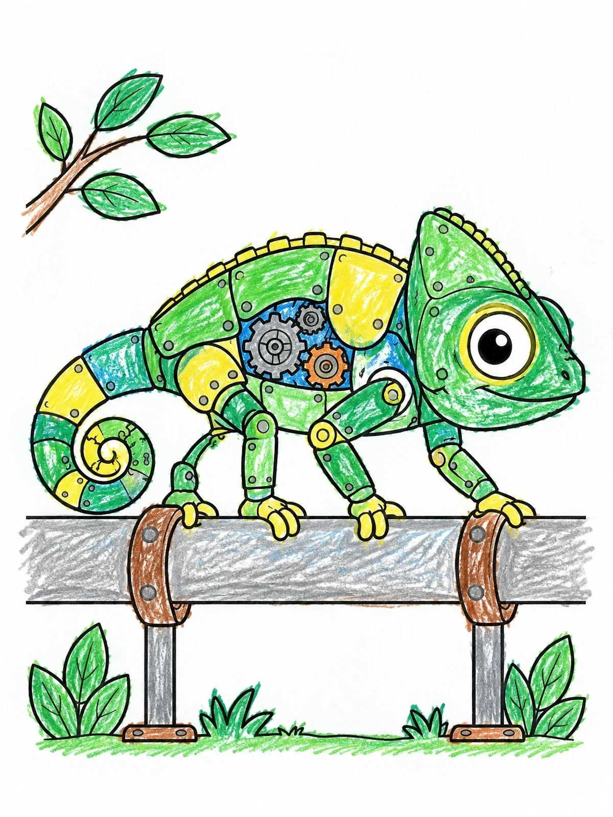 Colored example of the Steampunk Chameleon On A Metal Pipe coloring page