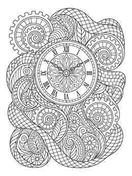 A vintage clock face amidst gears and swirls on this detailed zentangle coloring page.