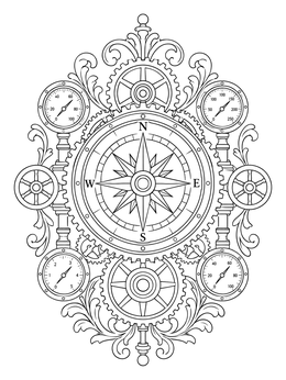 An intricate steampunk gears coloring page with an ornate compass rose, pressure dials, and filigree.