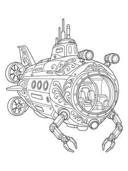 Steampunk-inspired submarine coloring page with robotic claws and decorative filigree.