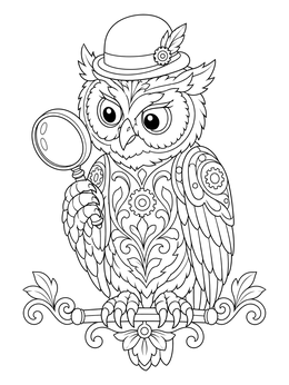 A detailed steampunk owl coloring page featuring a bowler hat and magnifying glass.