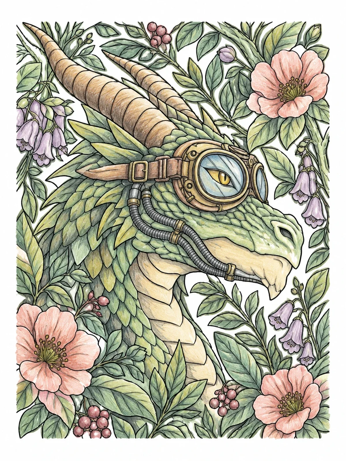 Colored example of the Steampunk Dragon With Aviator Goggles coloring page