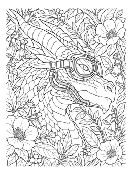 Intricate steampunk dragon coloring page featuring a horned dragon in aviator goggles surrounded by flowers.