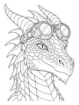 Detailed steampunk dragon coloring page featuring a horned dragon wearing round aviator goggles.