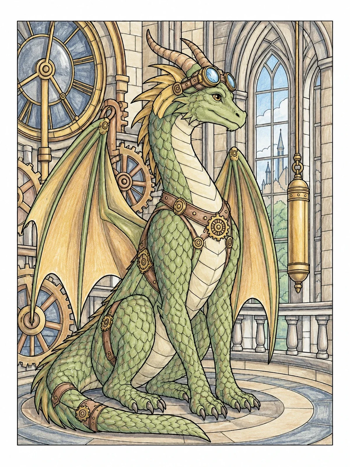 Colored example of the Steampunk Dragon In Clock Tower coloring page