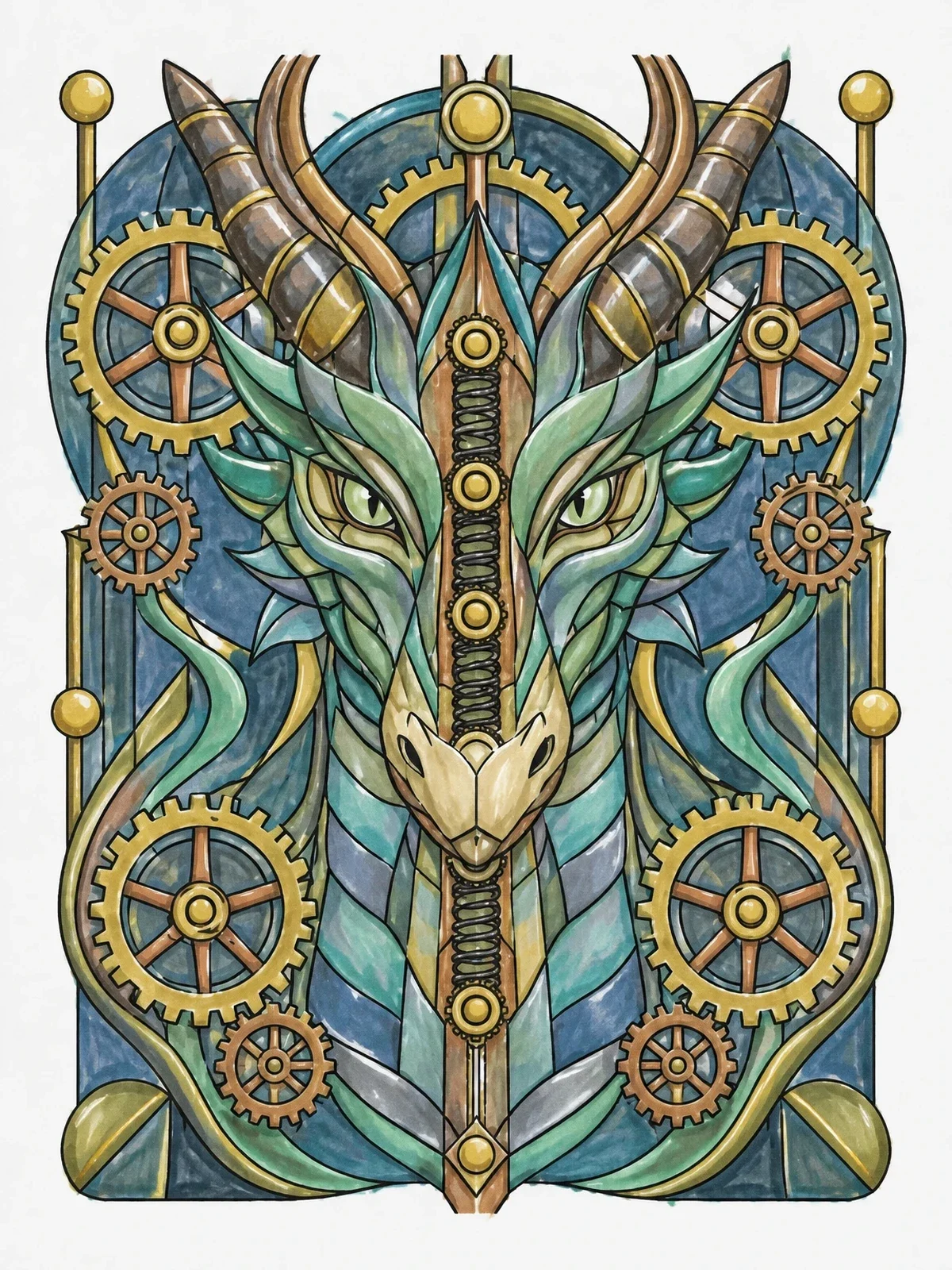 Colored example of the Steampunk Dragon Face With Clockwork Gears coloring page