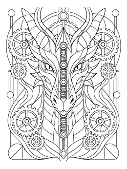 Intricate steampunk dragon coloring page with mechanical cogs, springs, and ornate clockwork details.
