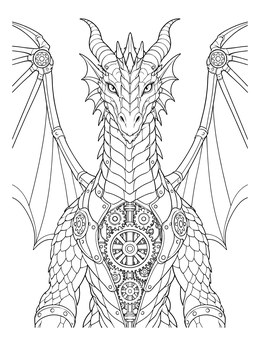 Detailed steampunk dragon coloring page with mechanical wings and gears.