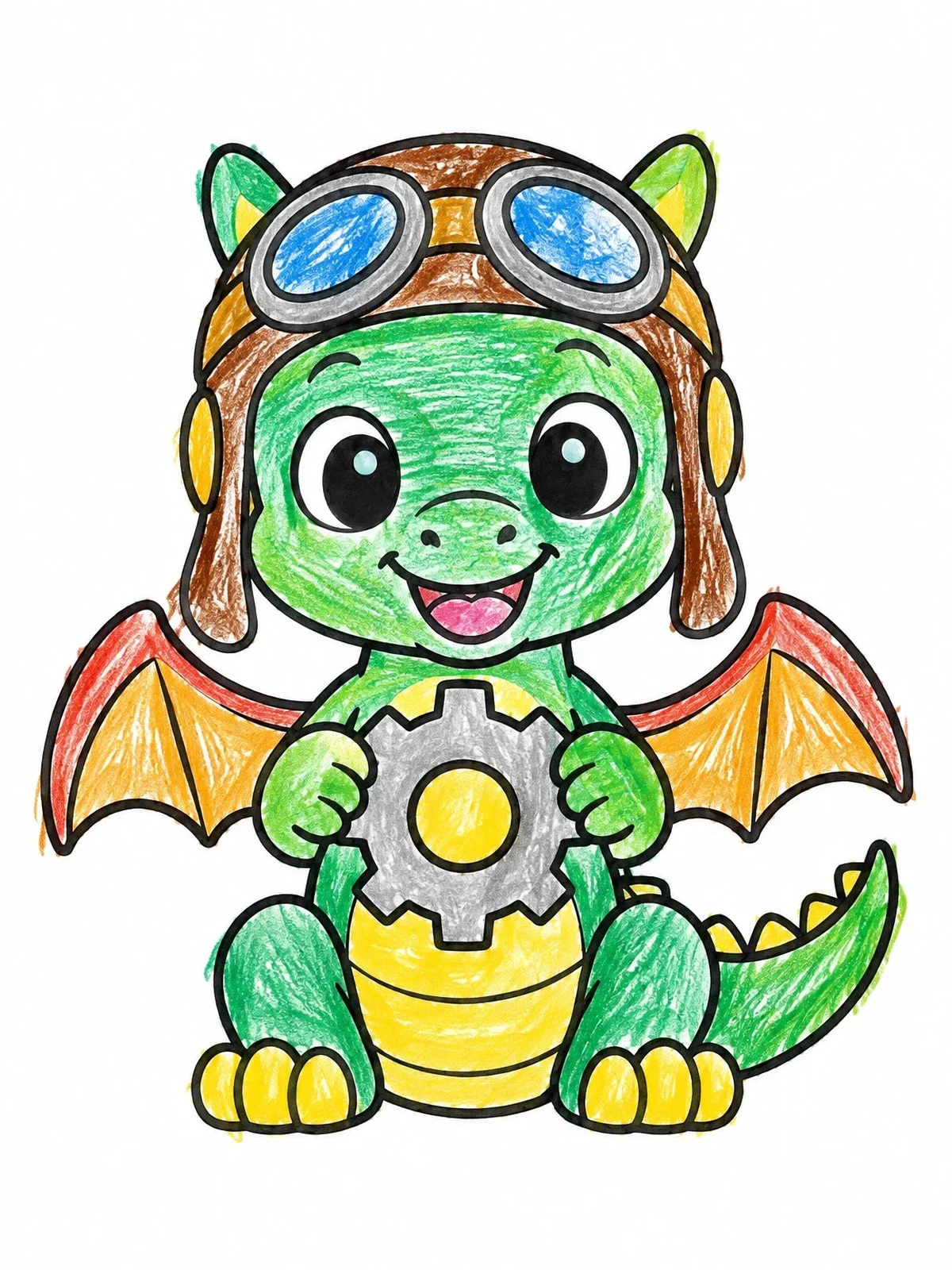 Colored example of the Cute Baby Dragon With Aviator Goggles coloring page