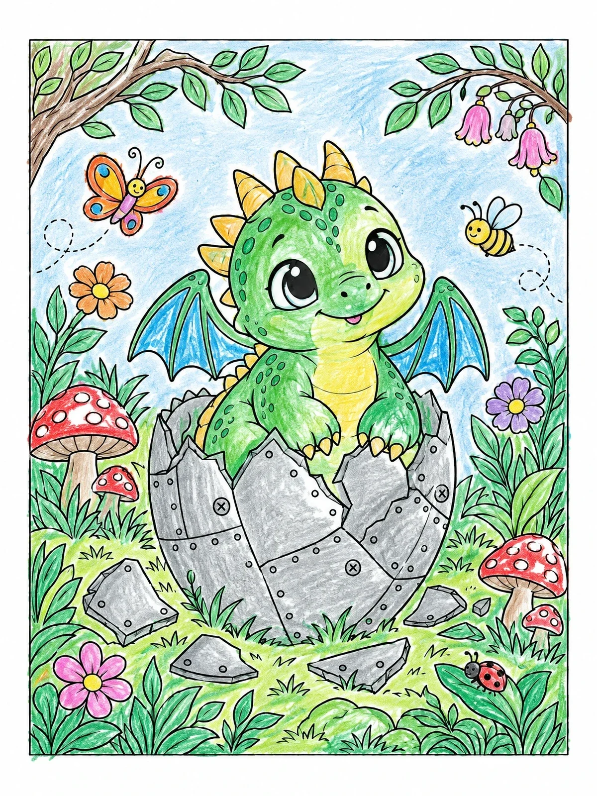 Colored example of the Cute Dragon Hatching From Riveted Egg coloring page