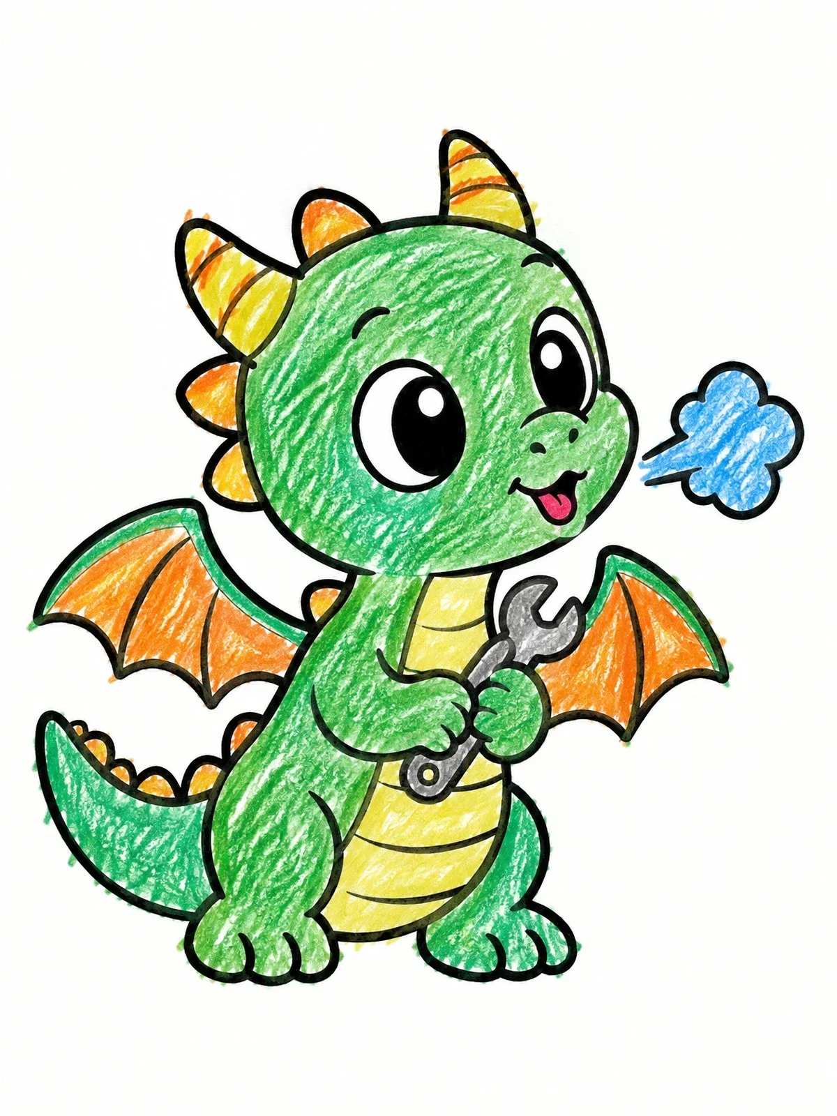 Colored example of the Cute Baby Dragon With Wrench coloring page