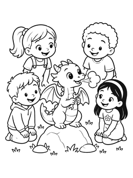 Free printable Cute Dragon With Children And Wrench coloring page