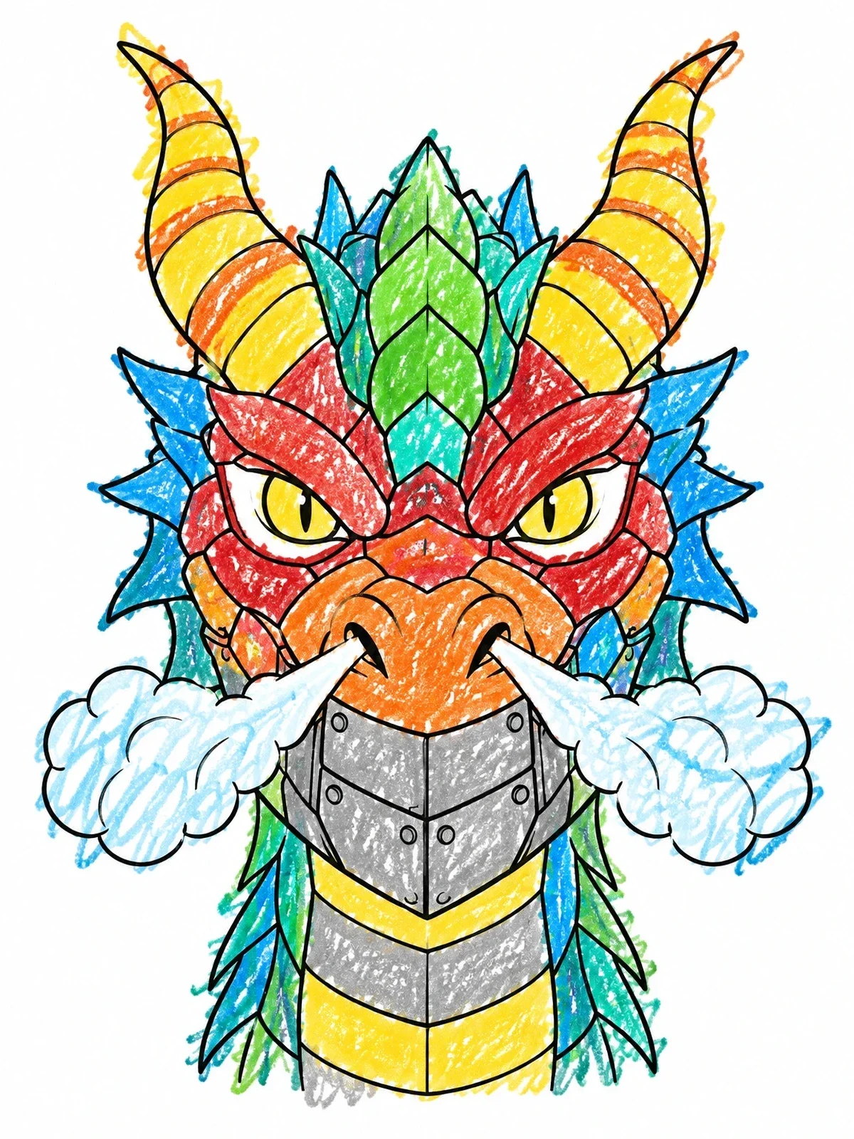 Colored example of the Mechanical Dragon Head With Steam coloring page