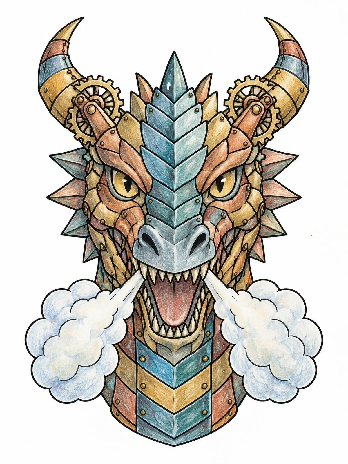 Colored example of the Mechanical Dragon Head With Steam coloring page