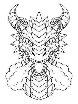 A detailed steampunk dragon coloring page featuring metallic plates, gears, and billows of steam.