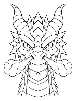 A bold steampunk dragon coloring page featuring a horned head with metal jaw plates blowing steam.