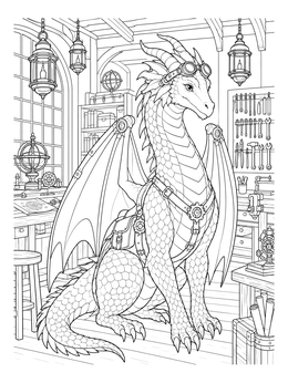 Detailed steampunk dragon coloring page sitting inside an inventor workshop with tools and lanterns.
