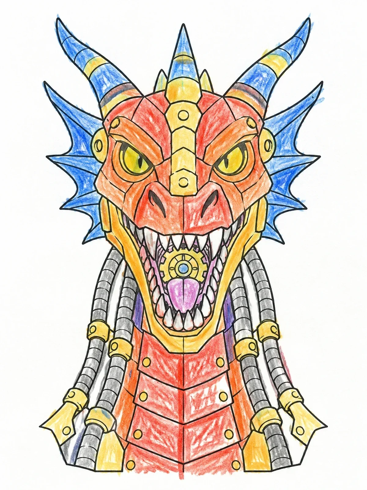 Colored example of the Mechanical Roaring Dragon Head coloring page
