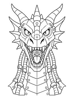Front view of a mechanical dragon roaring on a steampunk dragon coloring page.