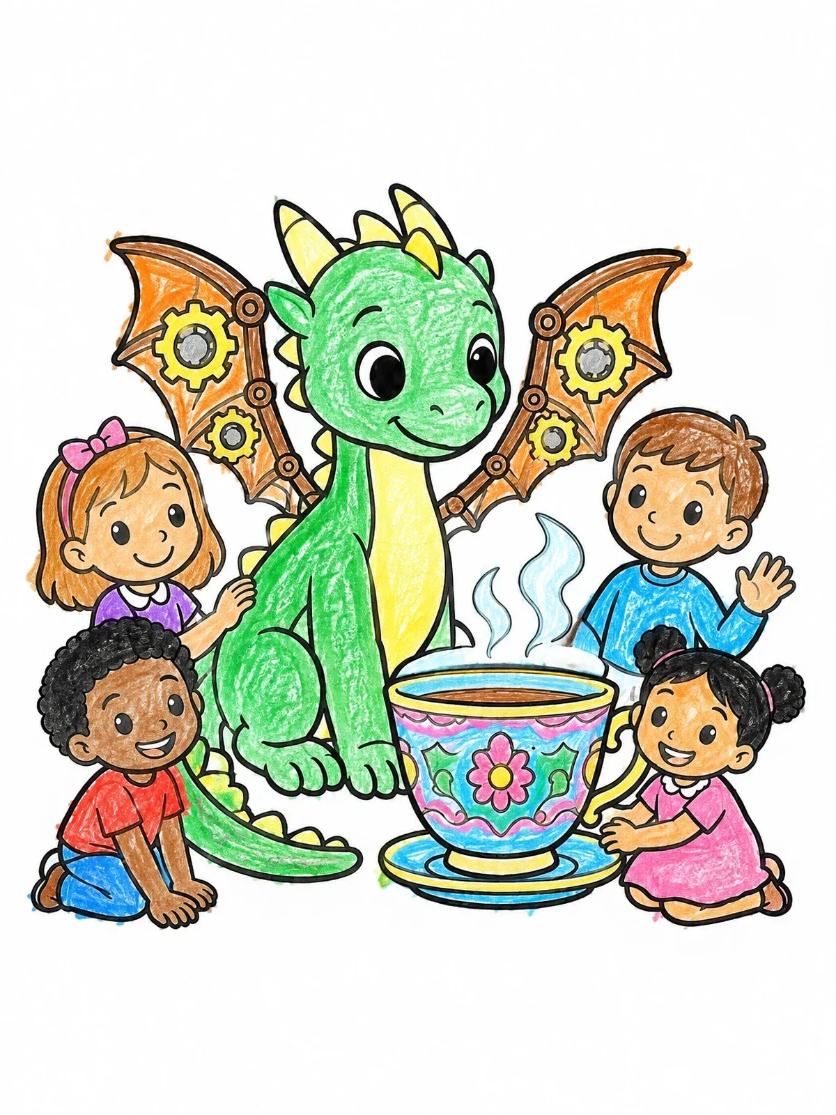 Colored example of the Friendly Steampunk Dragon And Tea Party coloring page
