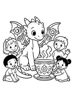 Free printable Friendly Steampunk Dragon And Tea Party coloring page