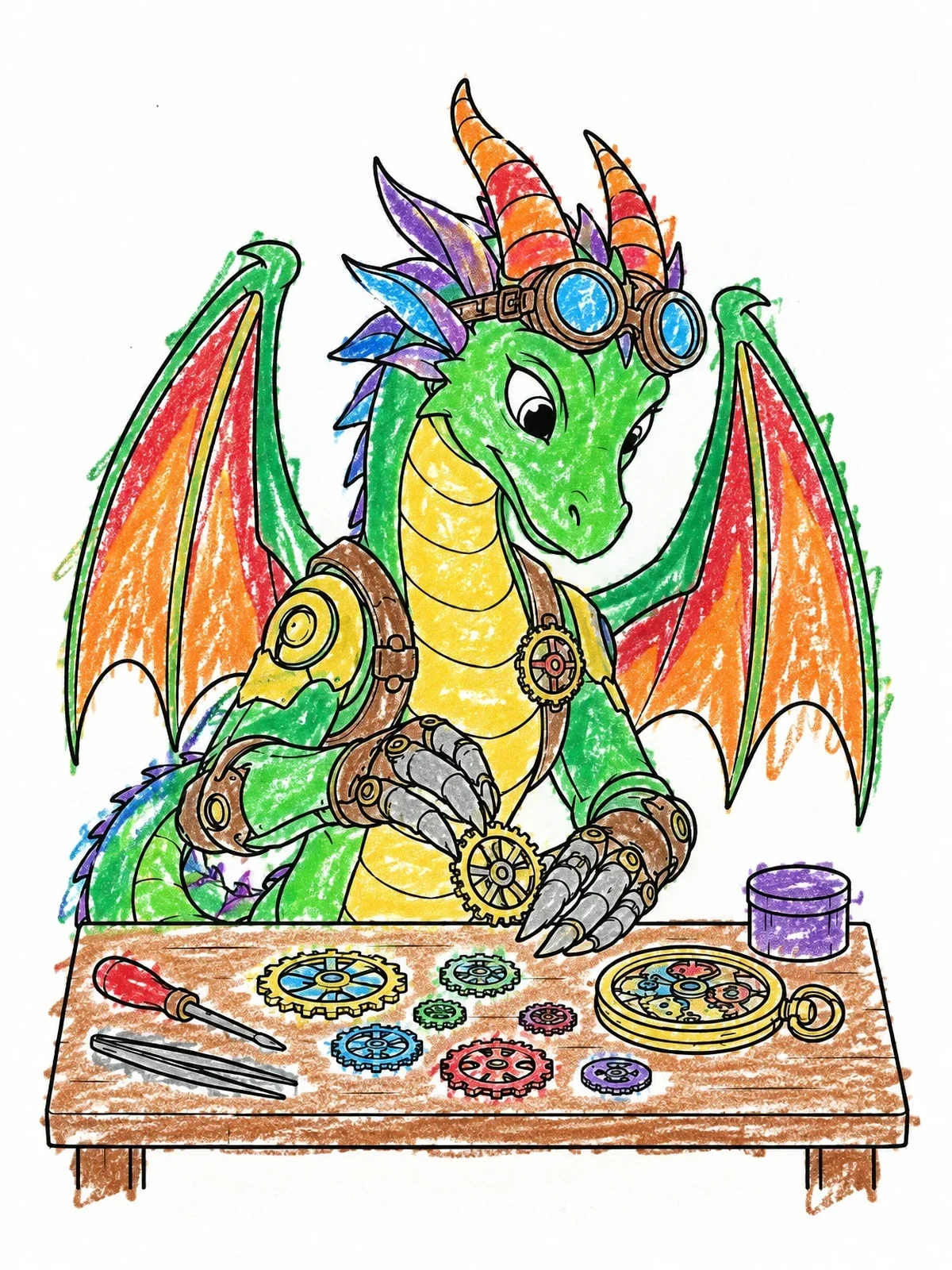 Colored example of the Steampunk Dragon Tinkering With Gears coloring page