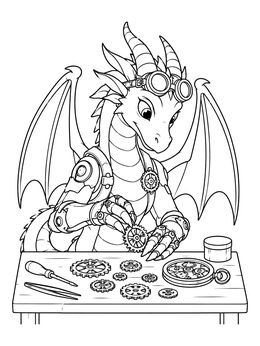 A friendly steampunk dragon coloring page featuring mechanical claws assembling watch gears.