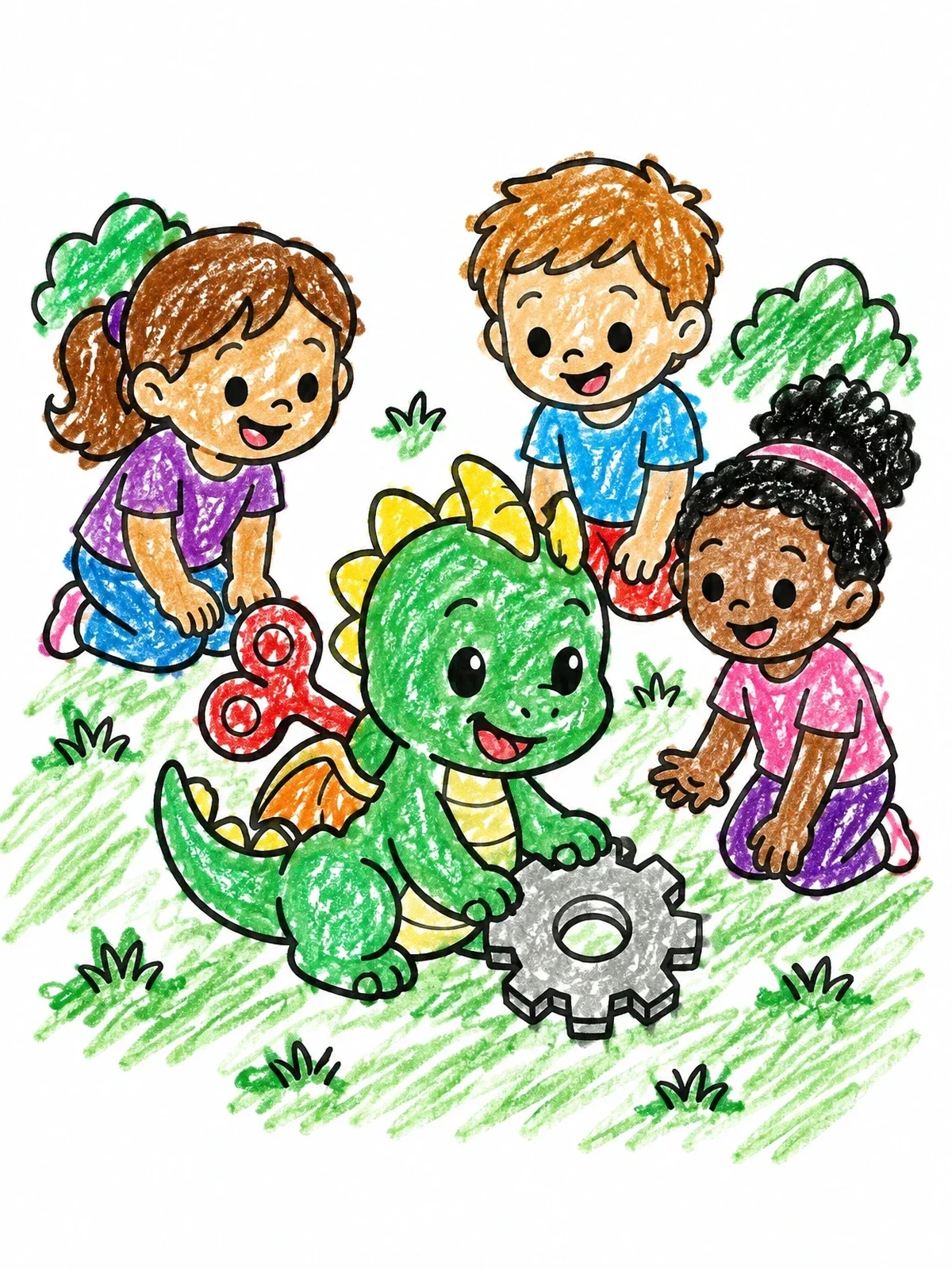 Colored example of the Wind Up Dragon Playing With Children coloring page
