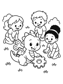Free printable Wind Up Dragon Playing With Children coloring page