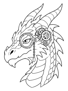 A detailed steampunk dragon coloring page featuring an ornate monocle and intricate mechanical gears.