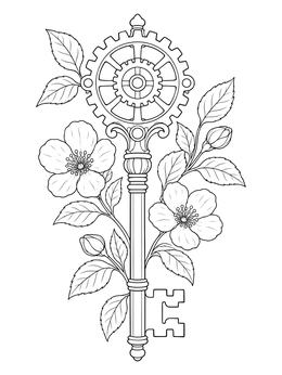 Free printable Ornate Steampunk Gear Key With Flowers coloring page