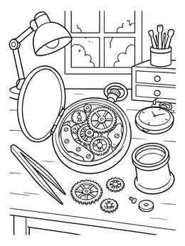 Free printable Clockmaker Desk With Pocket Watch Gears coloring page