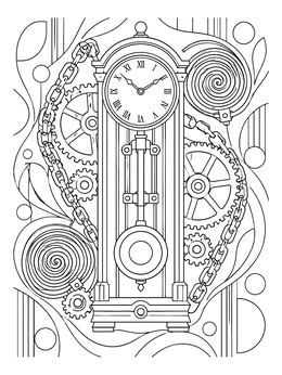 Intricate steampunk gears coloring page with an antique pendulum clock and coiled springs.