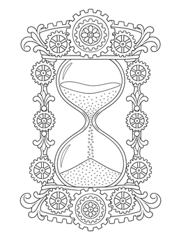 An intricate hourglass encased in clockwork on this steampunk gears coloring page.