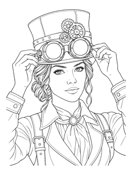 Detailed punk coloring page featuring a young inventor adjusting goggles on a gear-decorated top hat.