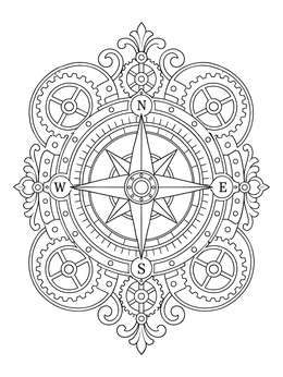 Intricate steampunk compass coloring page framed by interlocking gears and decorative scrollwork.