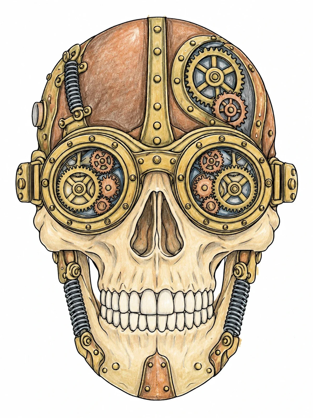 Colored example of the Steampunk Mechanical Cyborg Skull coloring page