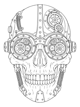 Steampunk skull coloring page with mechanical goggles, gears, and riveted metal plates.